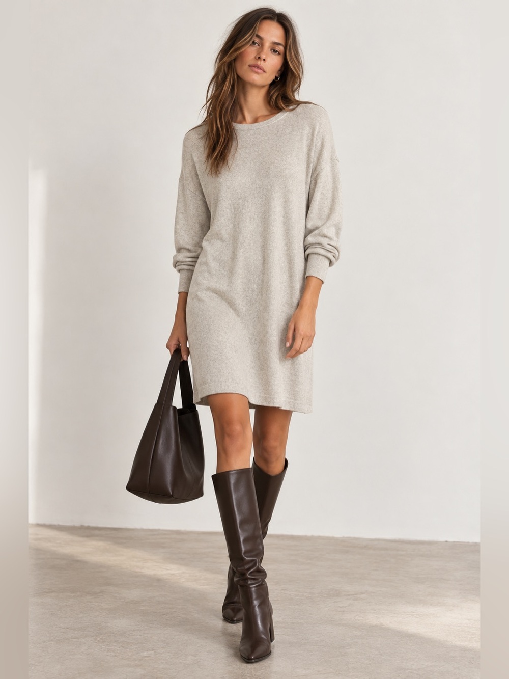 Mod Ref Relaxed Fit Soft Knit Scoop Neck Drop Shoulder Long Sleeve Dress